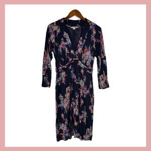 Boden Navy Floral Jersey Dress 3/4 Sleeve Knee Length Stretch Knit Size 6